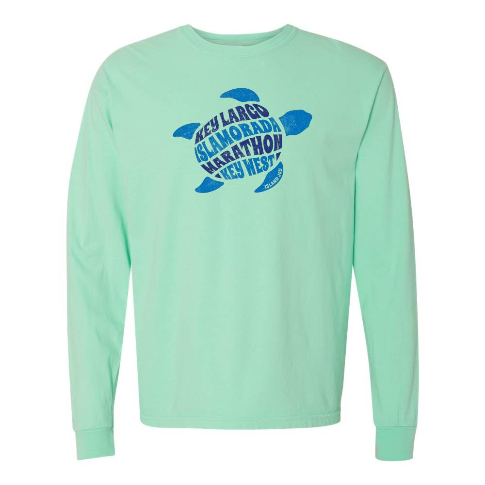 Mint green long-sleeve with a blue turtle graphic and text reading "Key Largo, Islamorada, Marathon, Key West".