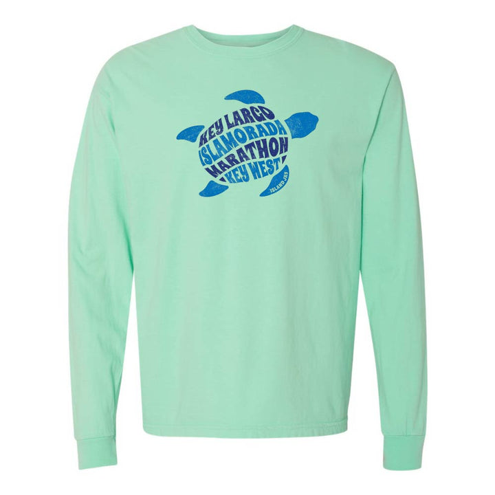 Mint green long-sleeve with a blue turtle graphic and text reading "Key Largo, Islamorada, Marathon, Key West".