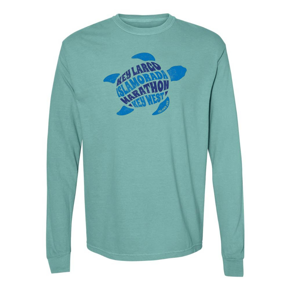 Teal long-sleeve with a blue turtle graphic and text reading "Key Largo, Islamorada, Marathon, Key West".