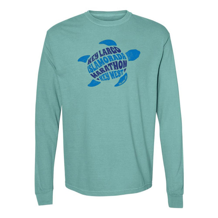 Teal long-sleeve with a blue turtle graphic and text reading "Key Largo, Islamorada, Marathon, Key West".