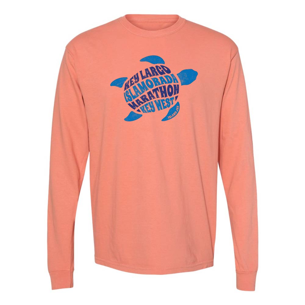 Light orange long-sleeve with a blue turtle graphic and text reading "Key Largo, Islamorada, Marathon, Key West".
