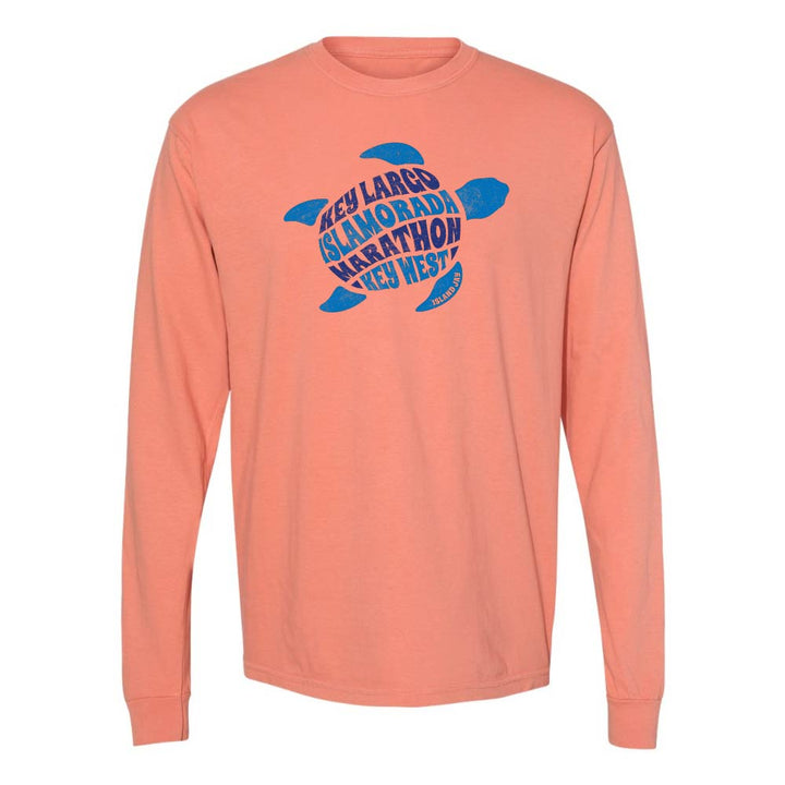Light orange long-sleeve with a blue turtle graphic and text reading "Key Largo, Islamorada, Marathon, Key West".