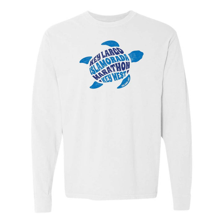White long-sleeve with a blue turtle graphic and text reading "Key Largo, Islamorada, Marathon, Key West".