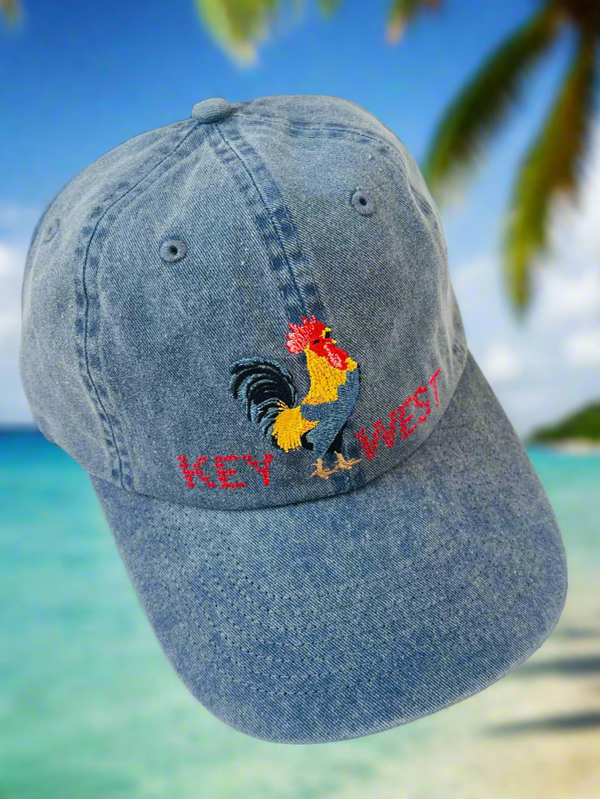 Blue baseball cap with Key West and a Rooster