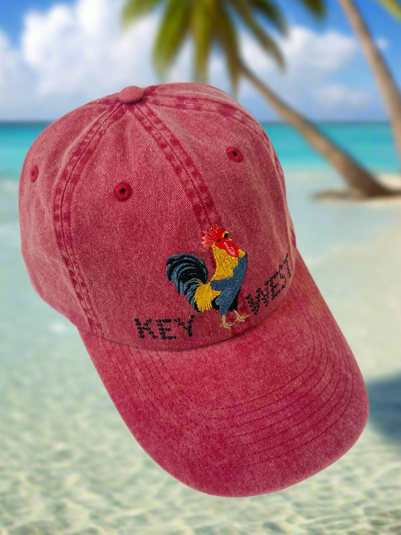 Red baseball cap with Key West and a Rooster