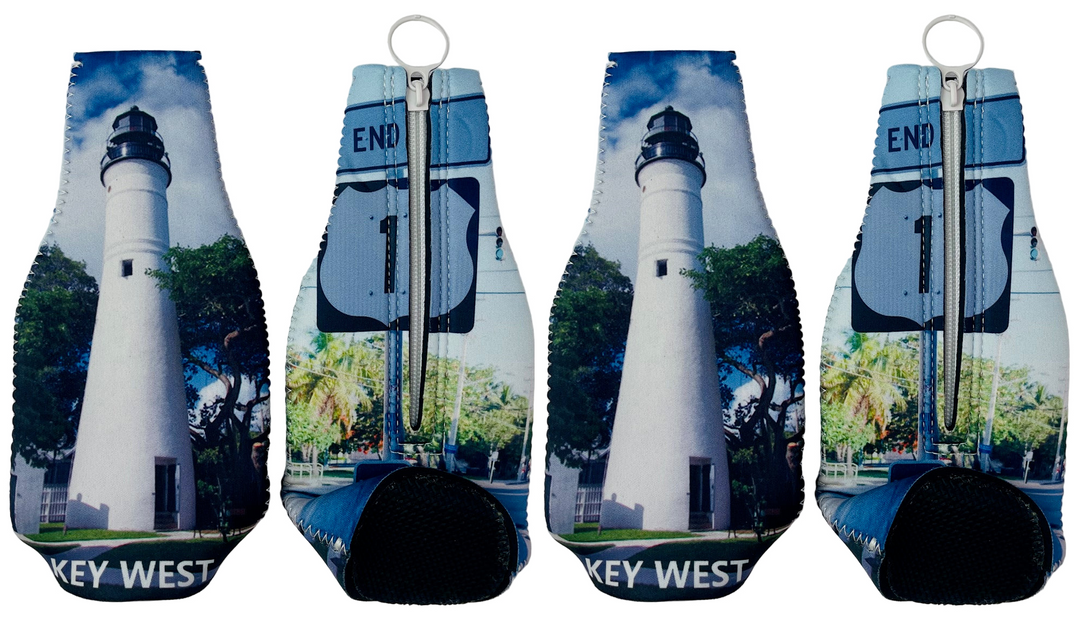 four bottle coolers with a lighthouse design and 'Key West' text on a white background.
