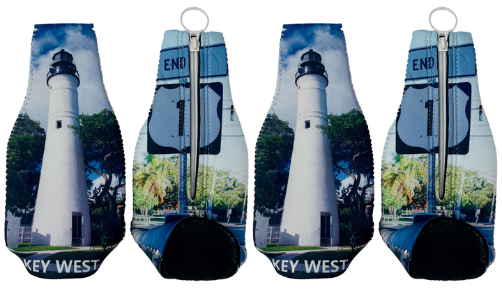 four bottle coolers with a lighthouse design and 'Key West' text on a white background.