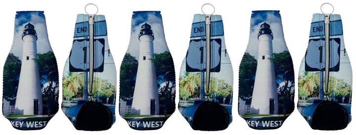 Set of six bottle coolers with lighthouse and 'Key West' design.
