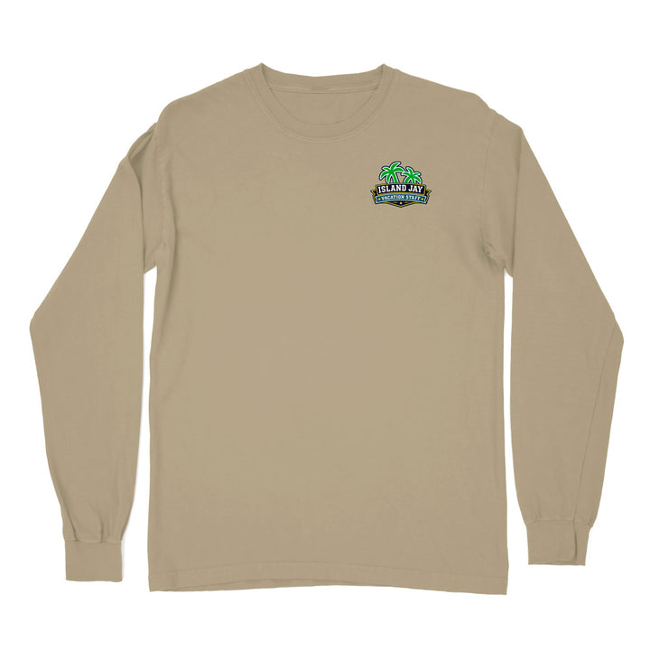 A beige long-sleeve crewneck t-shirt with a small 'Fell's Jump Backroads' logo printed on the left chest, displayed on a clean white background.