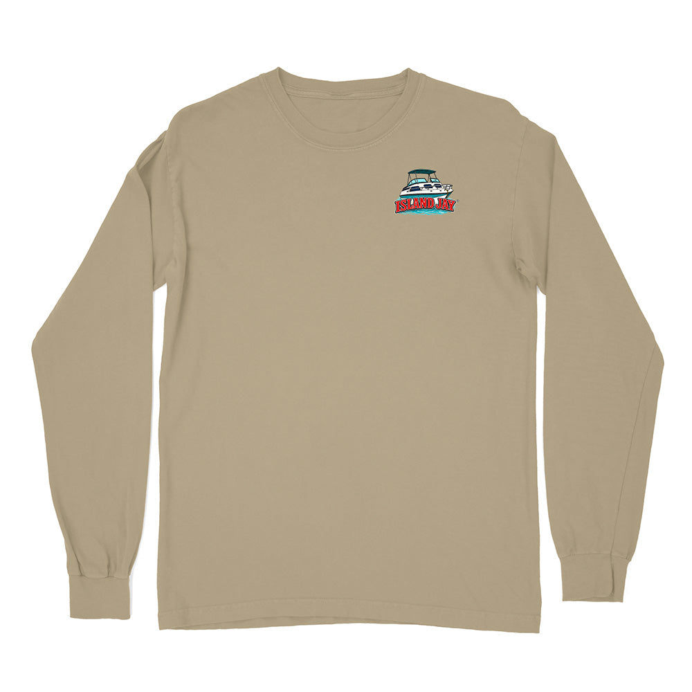 A beige long-sleeve crewneck t-shirt with a small graphic of a sailboat and the text 'SAIL FAMILY' printed on the left chest, displayed on a solid white background.
