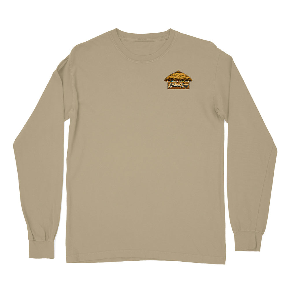 A beige long-sleeve crewneck t-shirt with a small graphic logo on the left chest, displayed on a solid white background.