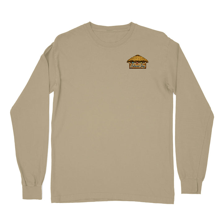 A beige long-sleeve crewneck t-shirt with a small graphic logo on the left chest, displayed on a solid white background.