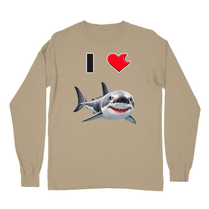 A beige long sleeve shirt with the phrase "I love shark" written with a heart icon graphic for the "love" and a cute shark graphic for the "Shark".