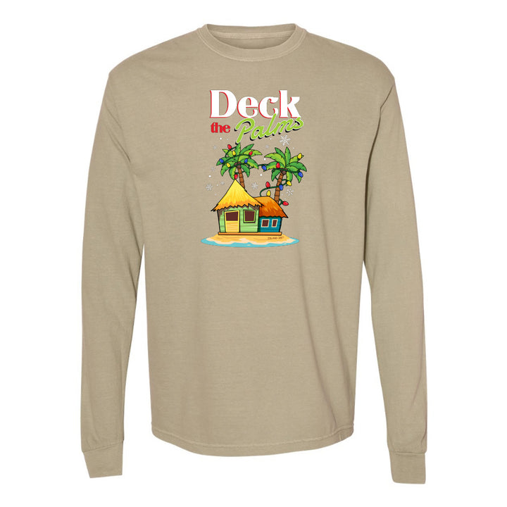 Khaki long-sleeve shirt with a tropical hut and palm tree design and graphic text reading "Deck The Palms" on a white background