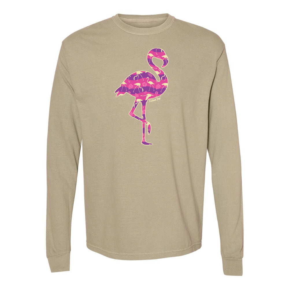 Khaki long-sleeve shirt with a pink flamingo design on a white background