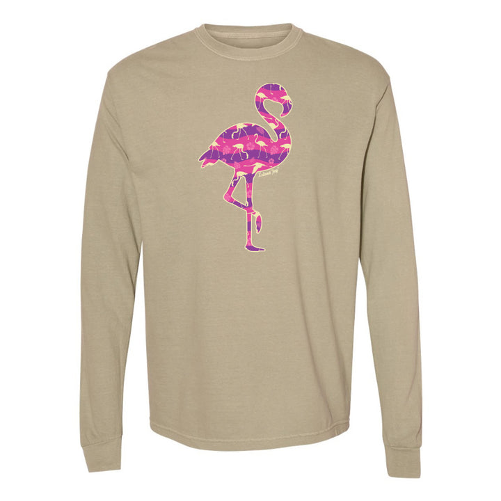 Khaki long-sleeve shirt with a pink flamingo design on a white background