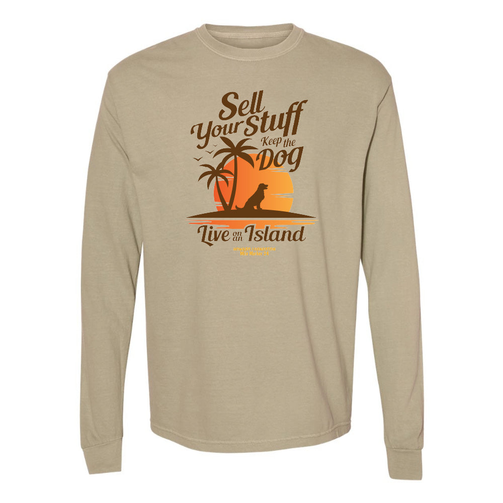 Beige long-sleeve shirt with a graphic design and text on a white background