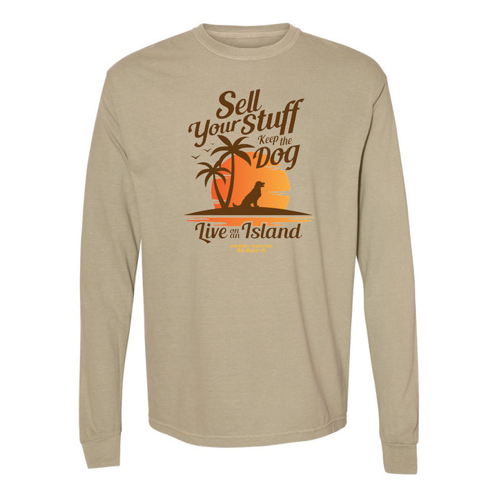 Beige long-sleeve shirt with a graphic design and text on a white background
