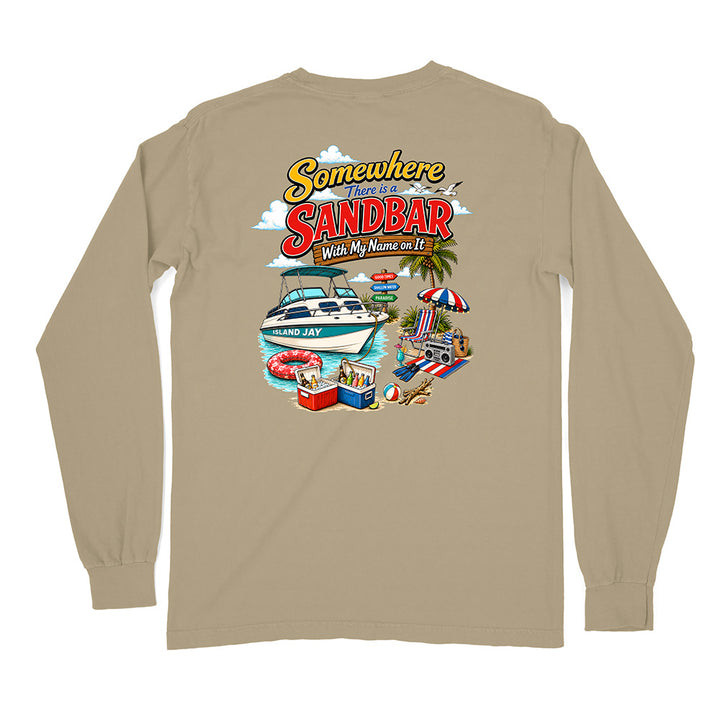 A tan long-sleeve t-shirt with a colorful graphic print on the back featuring a speedboat, beach umbrella, and the text 'Somewhere Sandbar With My Name on It'.