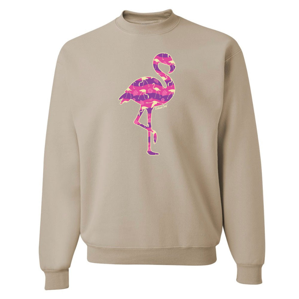 Beige sweatshirt with a colorful flamingo design on a white background