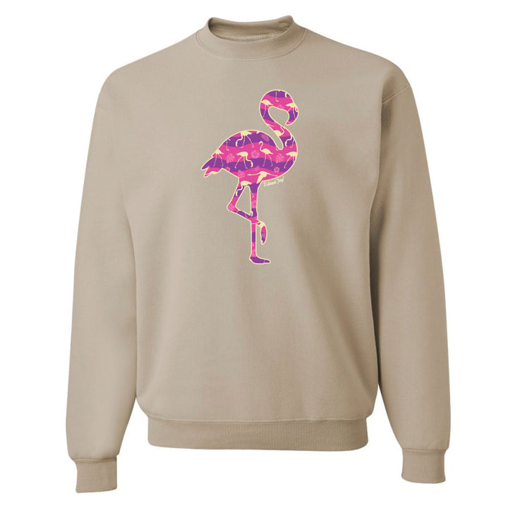 Beige sweatshirt with a colorful flamingo design on a white background