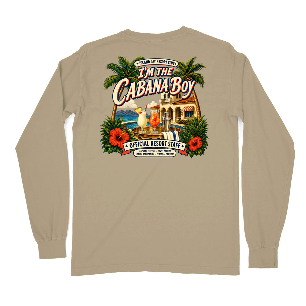 A beige long-sleeve t-shirt shown from the back, featuring a large, colorful graphic print of a tropical resort scene with palm trees, hibiscus flowers, and the text 'I'm The Cabana Boy' and 'Official Resort Staff'.