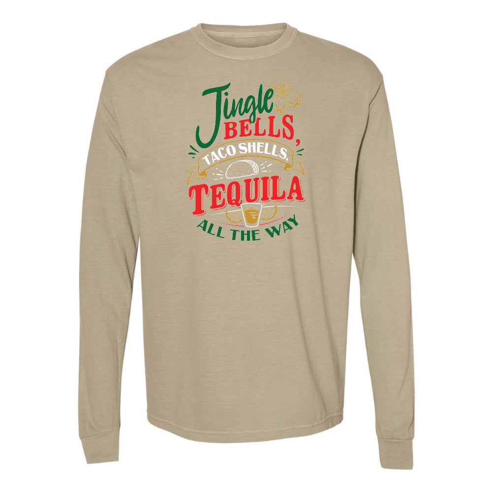 Beige long-sleeve shirt with festive text design on a white background