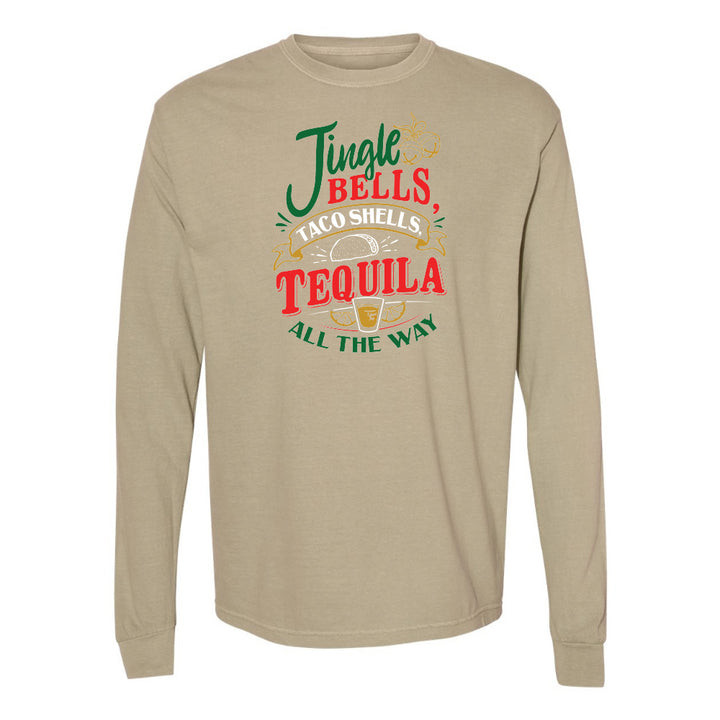 Beige long-sleeve shirt with festive text design on a white background