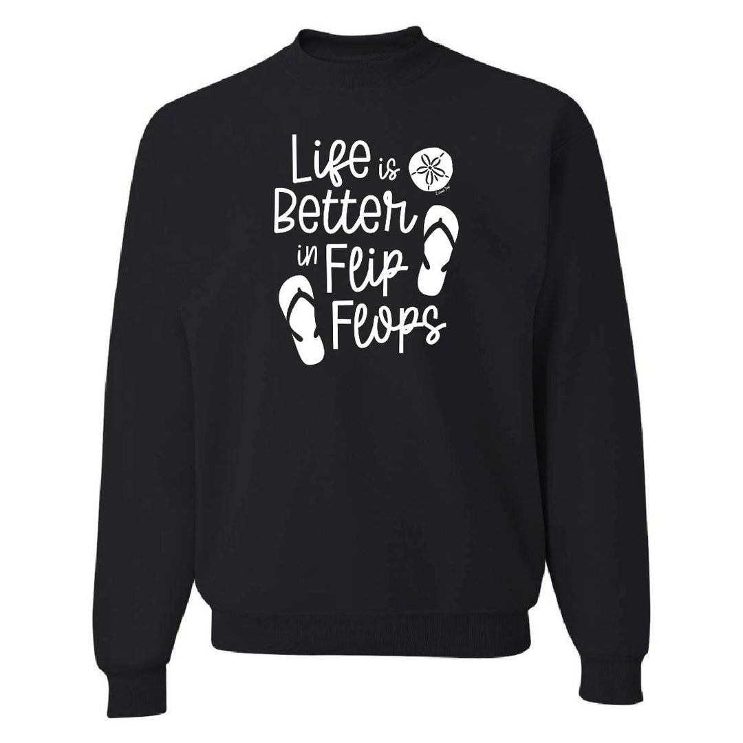 Black sweatshirt with 'Life is Better in Flip Flops' text and flip flop icons on a white background