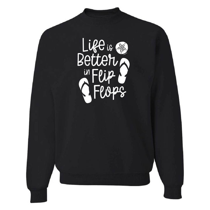 Black sweatshirt with 'Life is Better in Flip Flops' text and flip flop icons on a white background