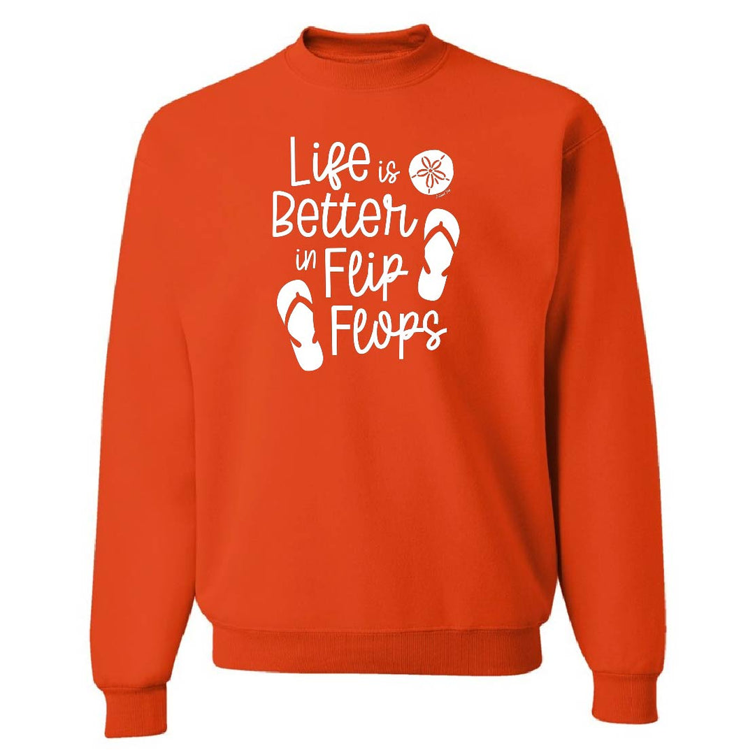 Orange sweatshirt with 'Life is Better in Flip Flops' text and flip flop icons on a white background