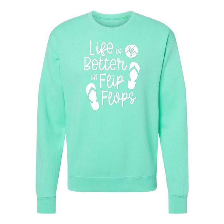 Mint green sweatshirt with 'Life is Better in Flip Flops' text and flip flop icons on a white background