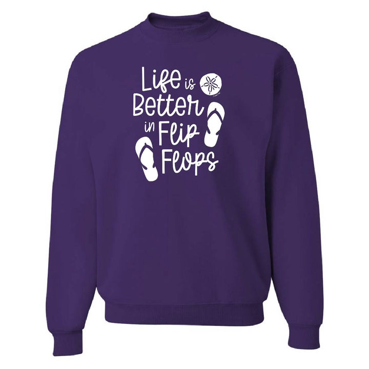 Purple sweatshirt with 'Life is Better in Flip Flops' text and flip flop icons on a white background