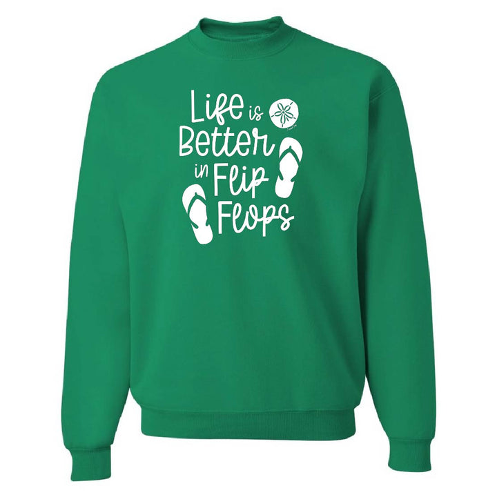 Green sweatshirt with 'Life is Better in Flip Flops' text and flip flop icons on a white background