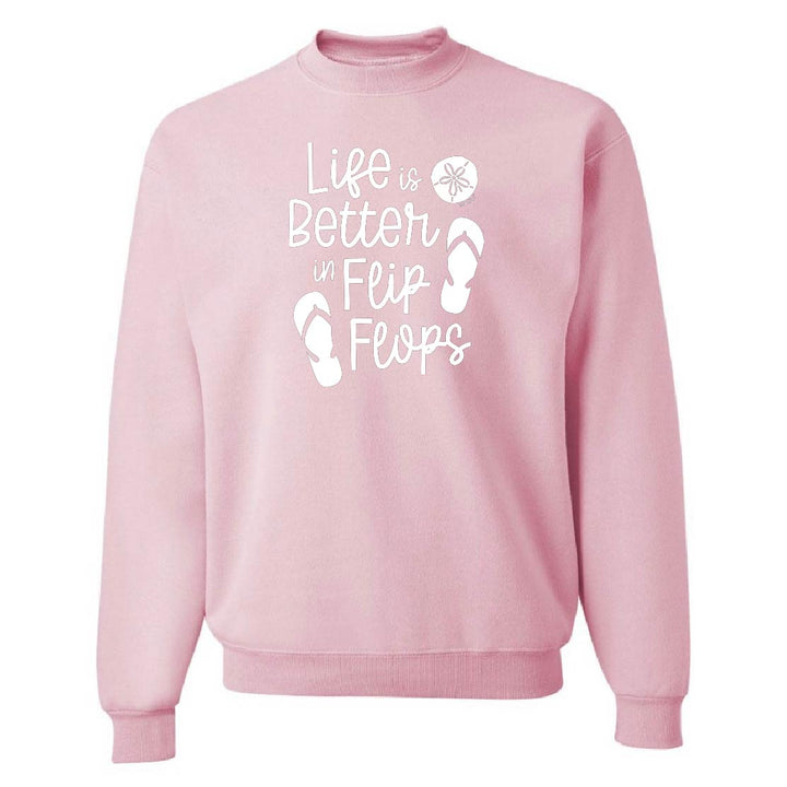 Pink sweatshirt with 'Life is Better in Flip Flops' text and footprints on a white background