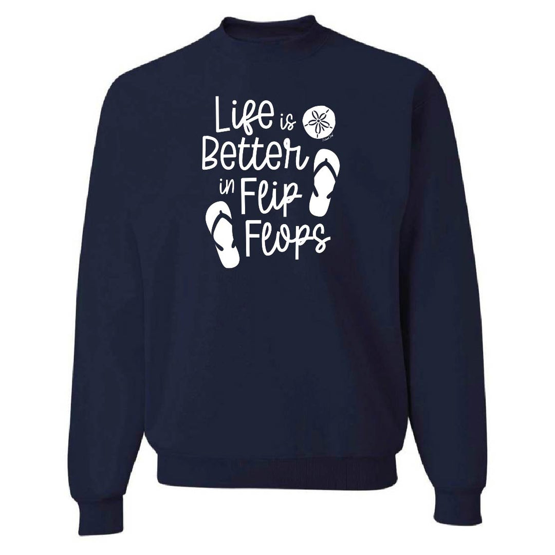 Navy blue sweatshirt with 'Life is Better in Flip Flops' text and flip flop icons on a white background