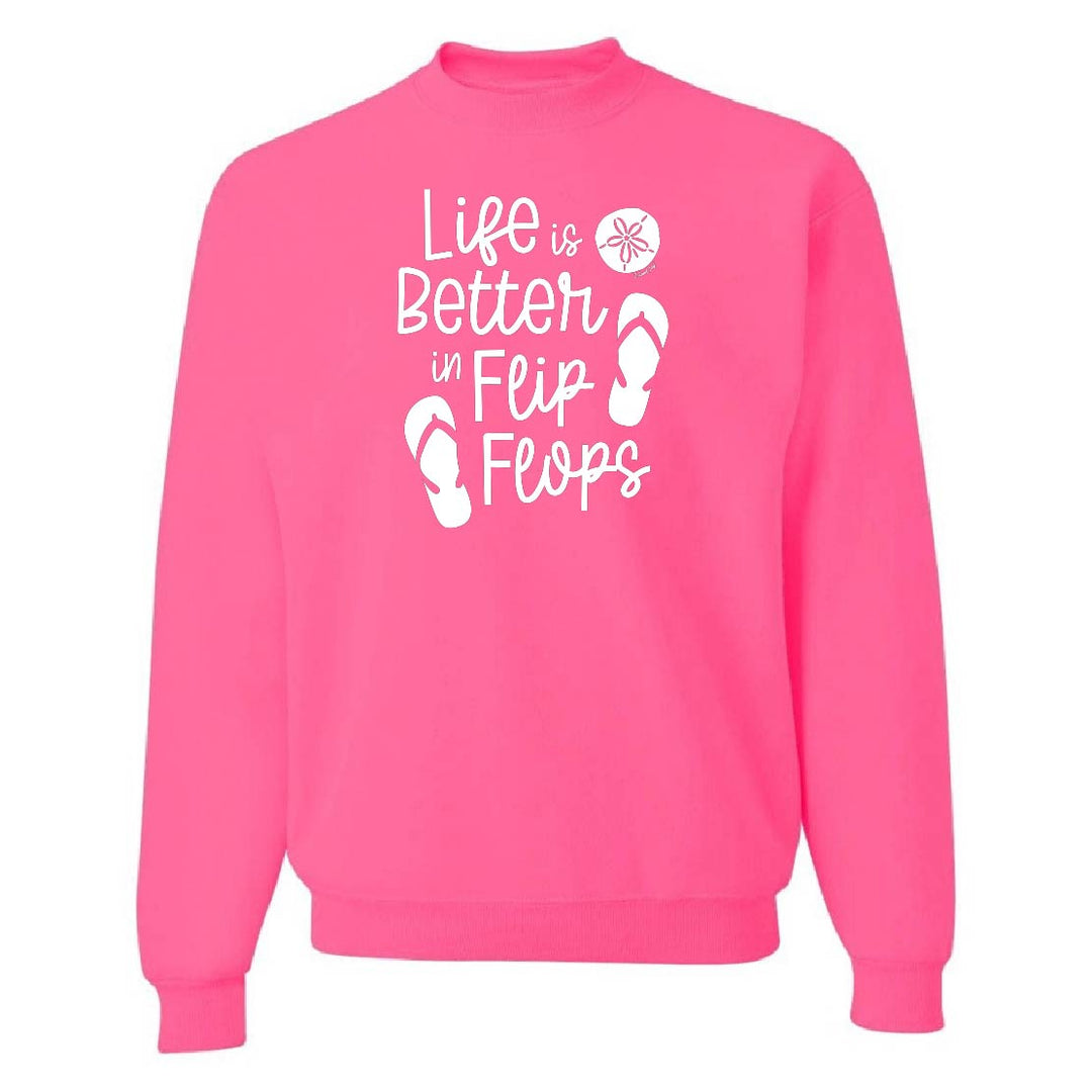 Pink sweatshirt with 'Life is Better in Flip Flops' text and flip flop icons on a white background