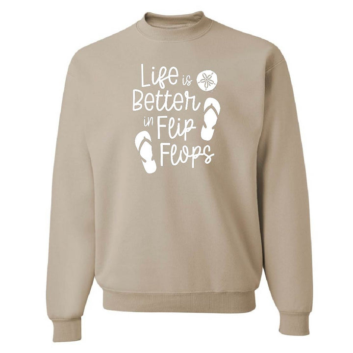 Beige sweatshirt with 'Life is Better in Flip Flops' text and flip flop icons on a white background