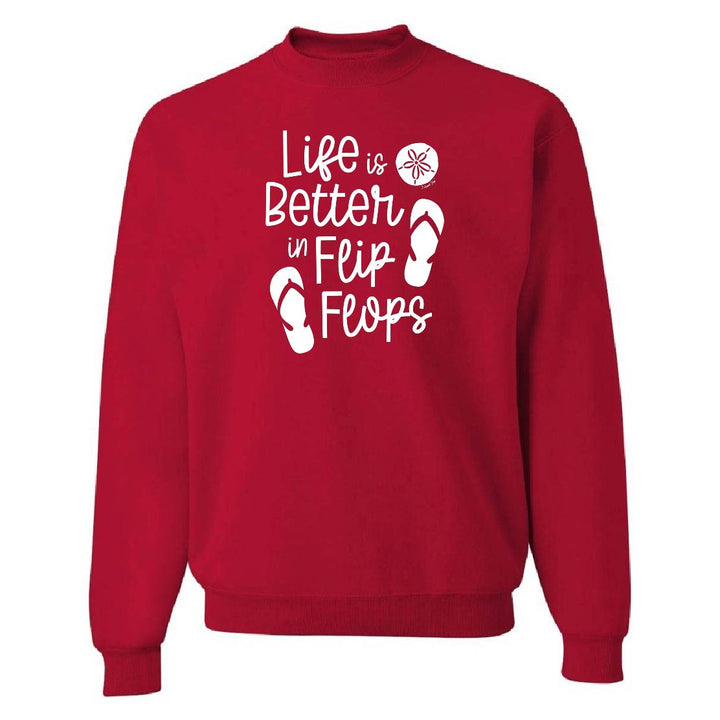 Red sweatshirt with 'Life is Better in Flip Flops' text and flip flop icons on a white background