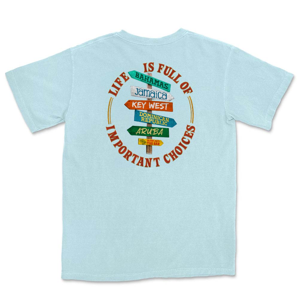 Light blue t-shirt with colorful rustic crossroad sign graphic and text "Life is Full of Important Choices".