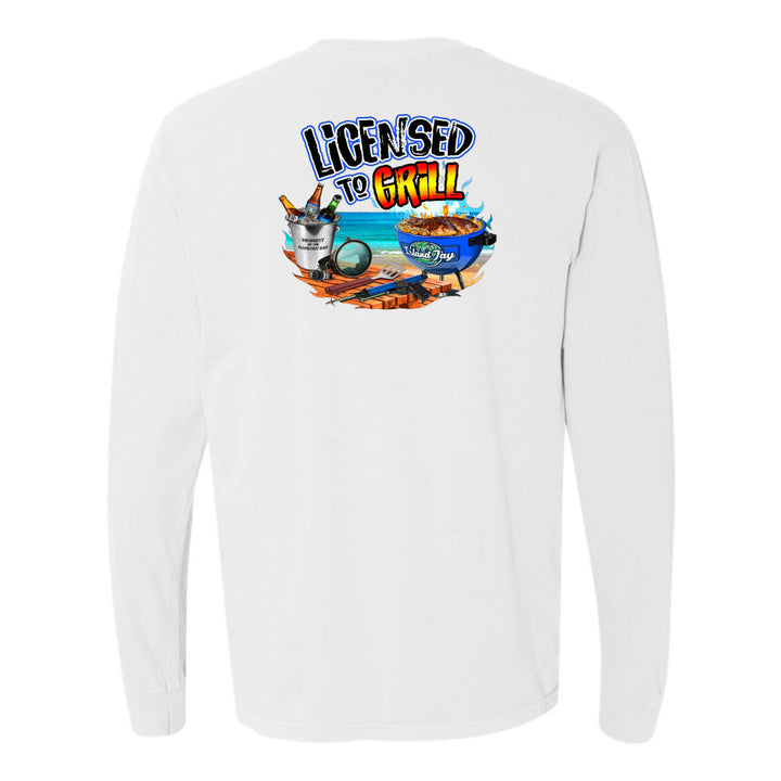 White long-sleeve shirt with 'Licensed to Grill' graphic on a white background