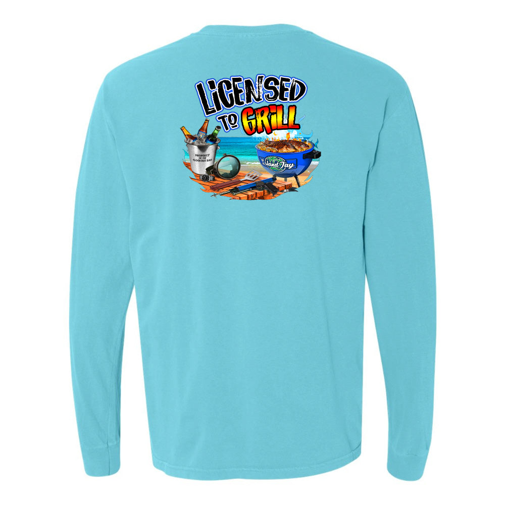 Light blue long-sleeve shirt with 'Licensed to Grill' graphic on a white background