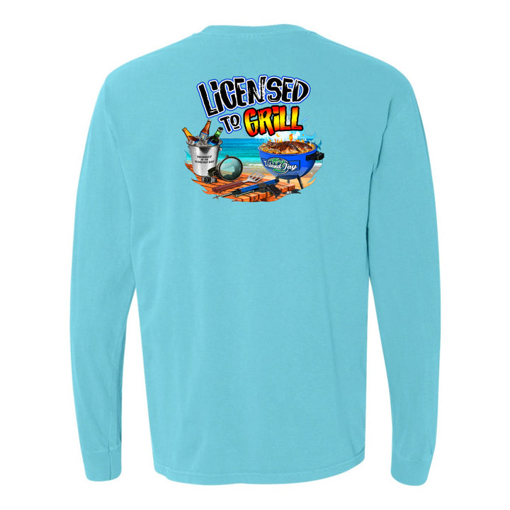 Light blue long-sleeve shirt with 'Licensed to Grill' graphic on a white background