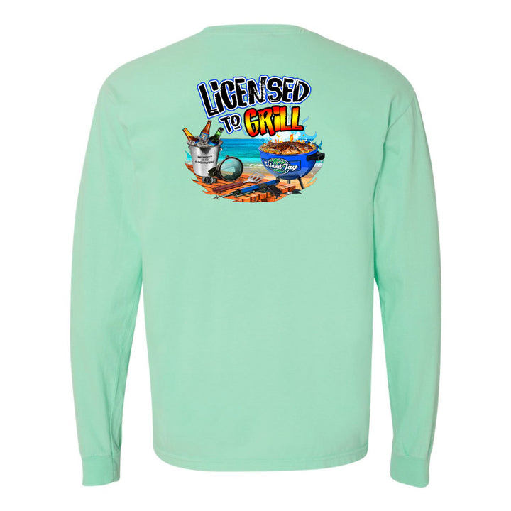Mint green long-sleeve shirt with 'Licensed to Grill' graphic on the back