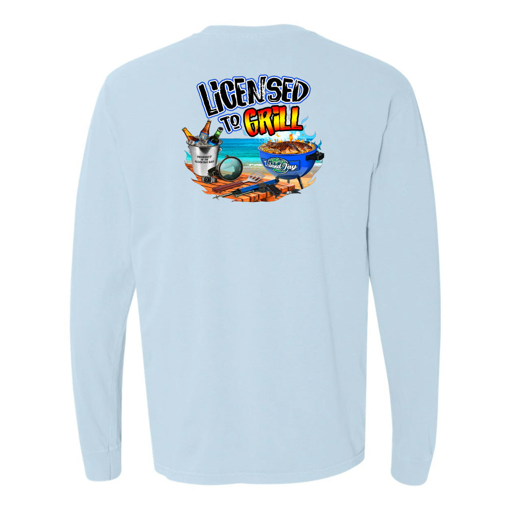 Light blue long-sleeve shirt with 'Licensed to Grill' graphic on a white background