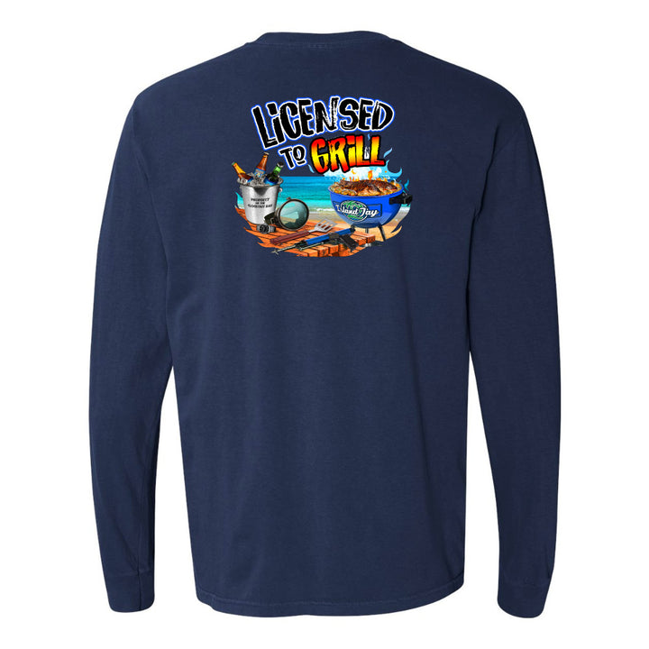 Navy blue long-sleeve shirt with 'Licensed to Grill' graphic on the back