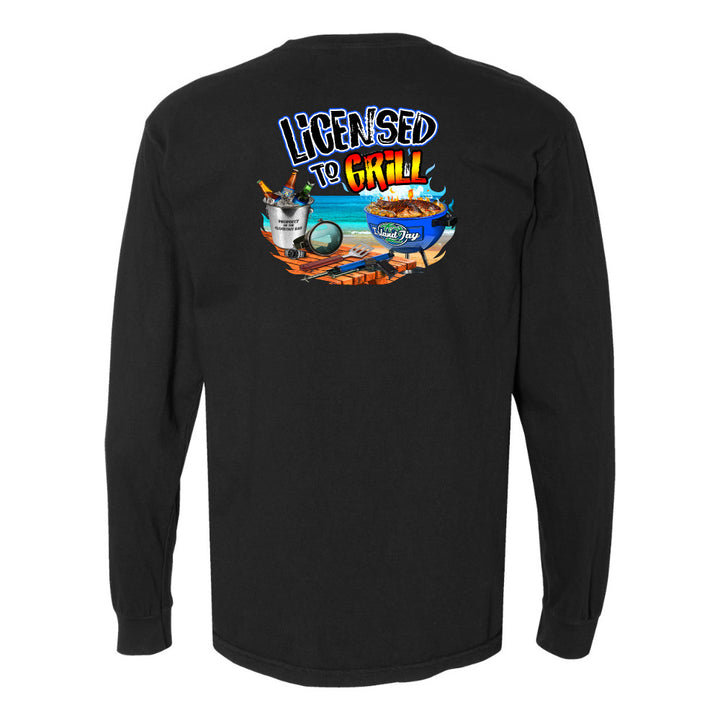 Black long-sleeve shirt with 'Licensed to Grill' graphic on the back