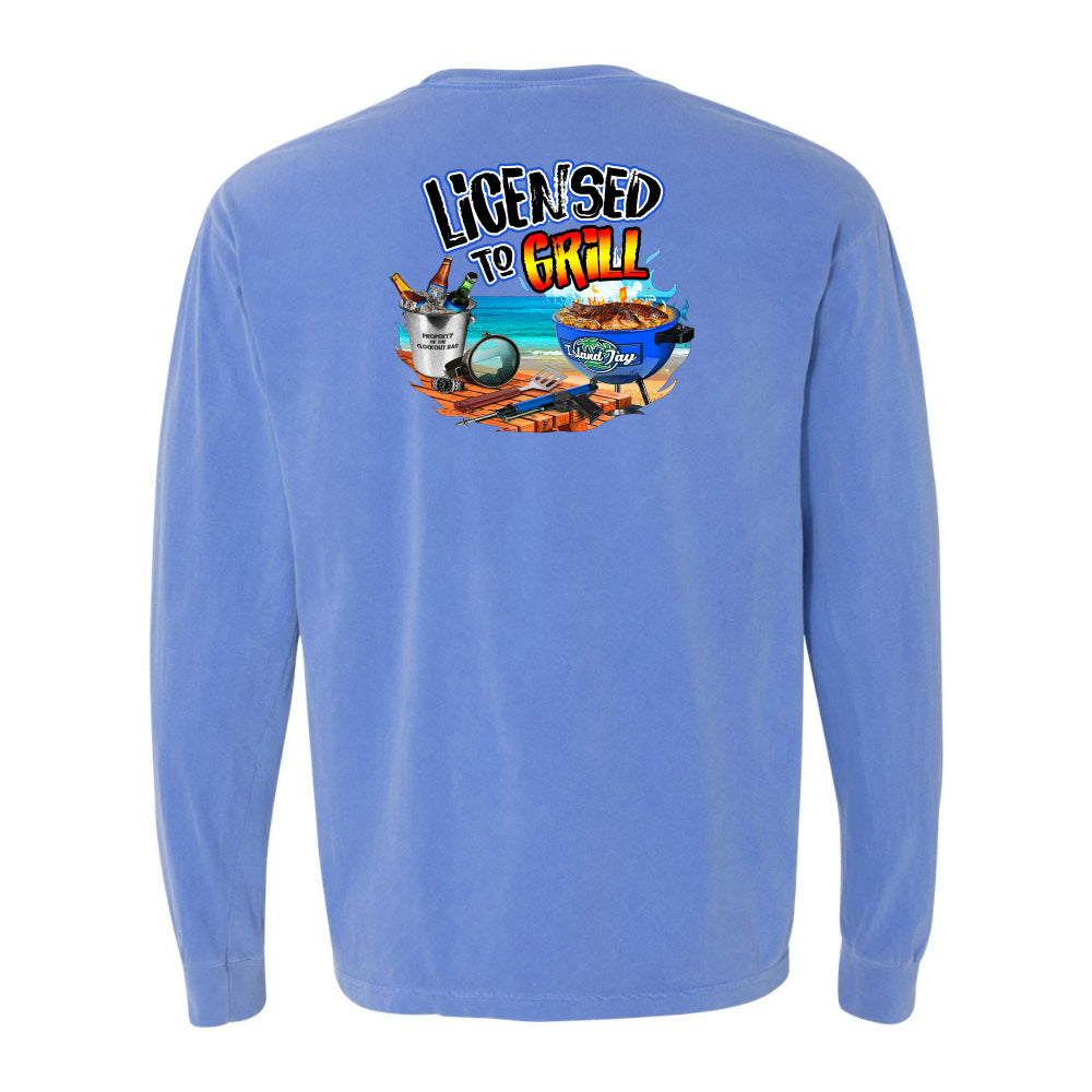Blue long-sleeve shirt with 'Licensed to Grill' graphic on the back