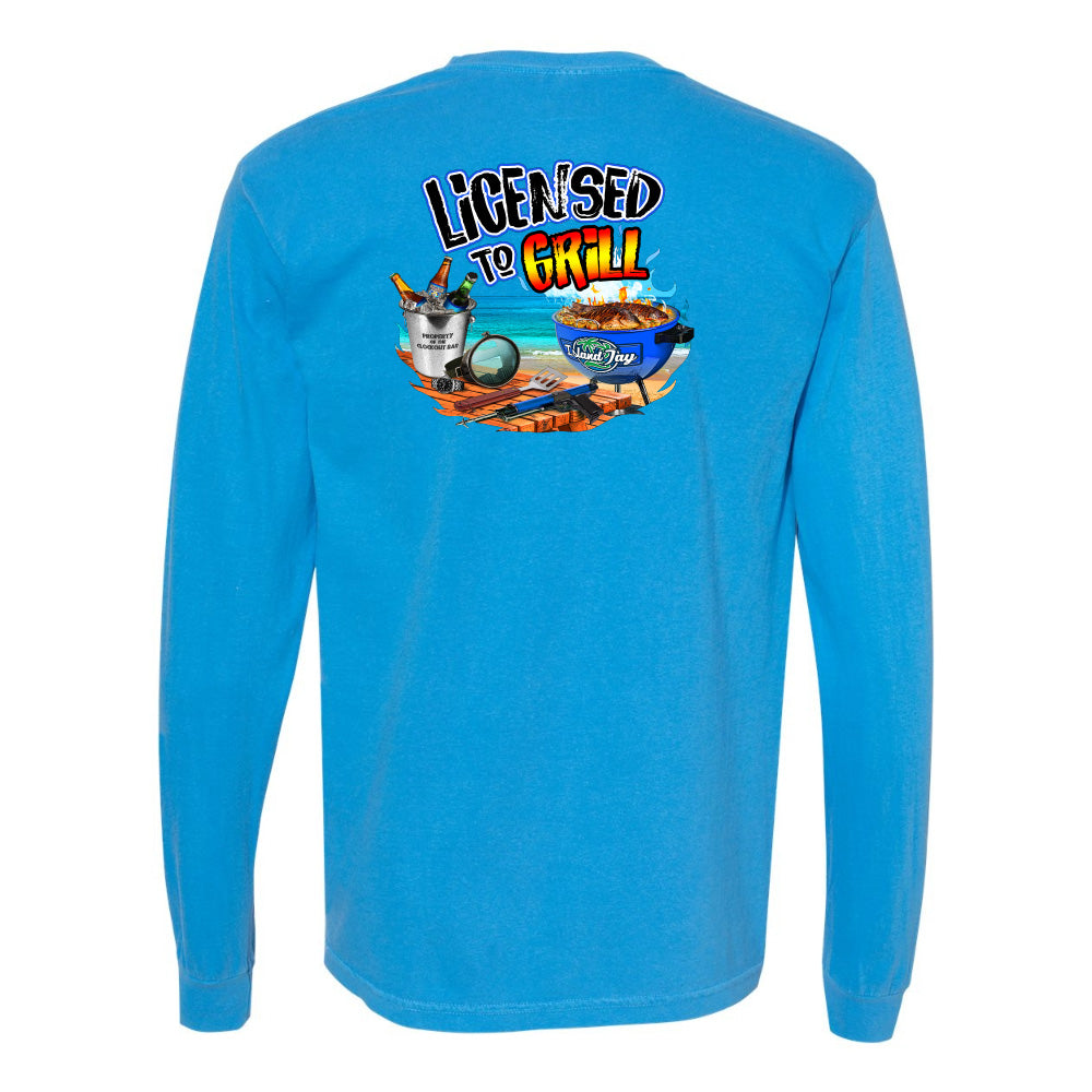 Blue long-sleeve shirt with 'Licensed to Grill' graphic on the back