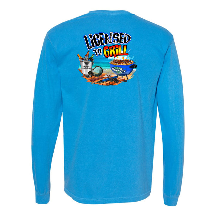 Blue long-sleeve shirt with 'Licensed to Grill' graphic on the back